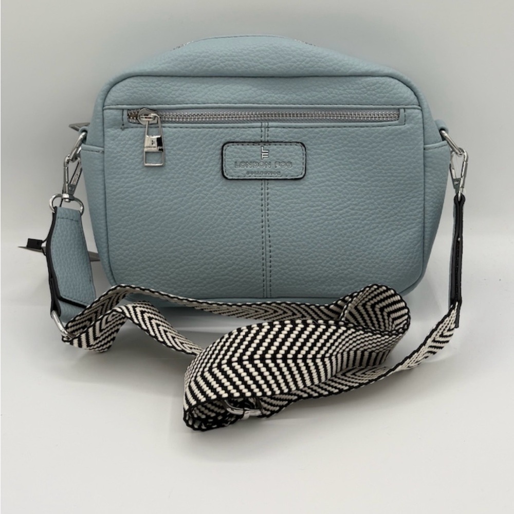 London Fog Denim Blue Crossbody Camera Bag with Patterned Strap